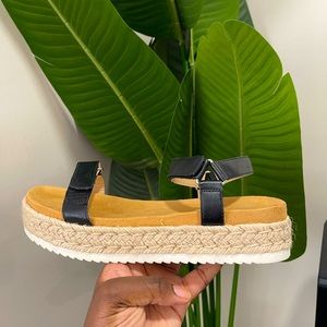 Black leather strappy platform espadrille sandals